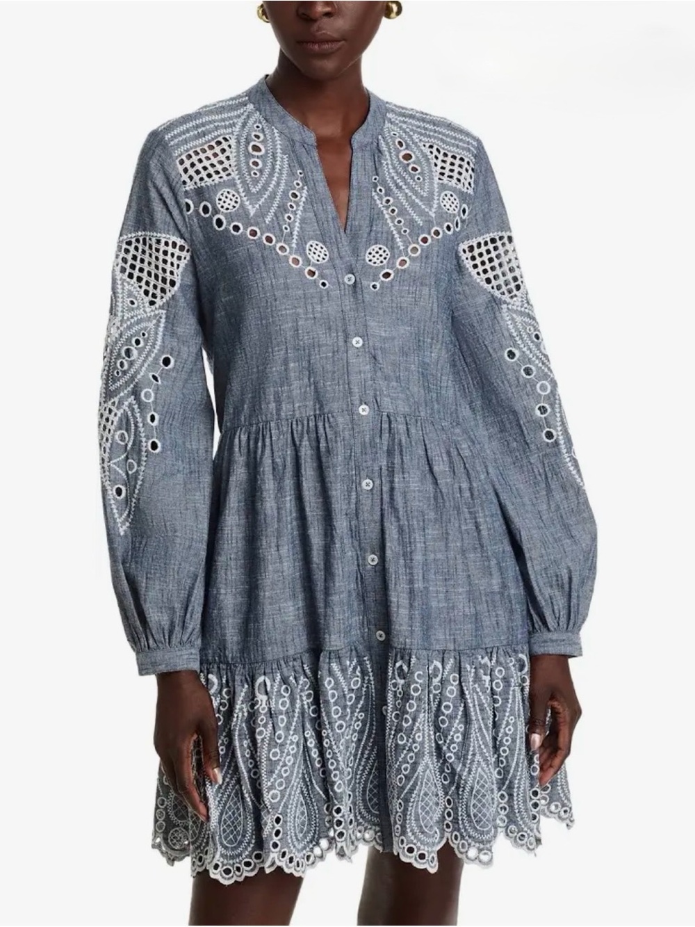 Area Stars Venus Embroidered Chambray Boho
Mini Dress Blue Eyelet Size S NWT